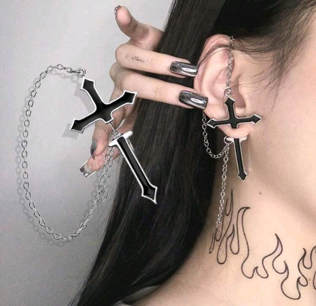 Punk cross earring with chain