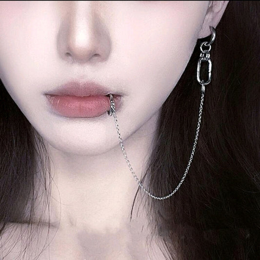 Punk connected chain lip and earring (silver)